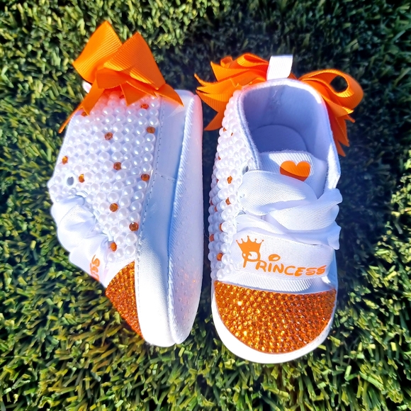 Orange Princess Embellished Baby Shoes with bow: OTHER COLORS AVAIL. BY REQUEST - Picture 4 of 6